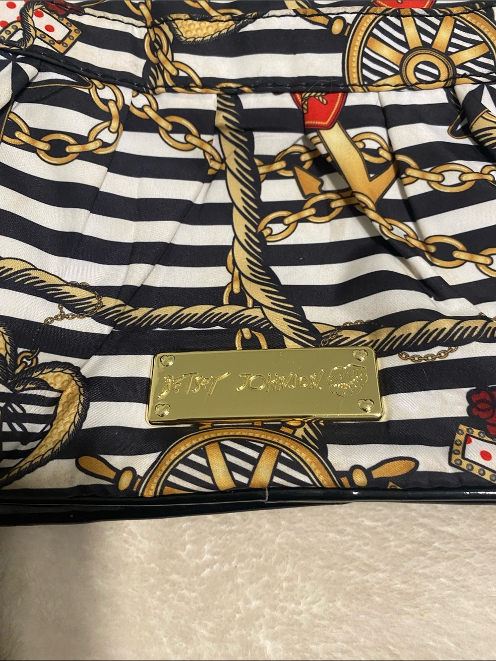 Betsey Johnson High Seas Honey Nautical Satchel Black White Stripes Gold Chains